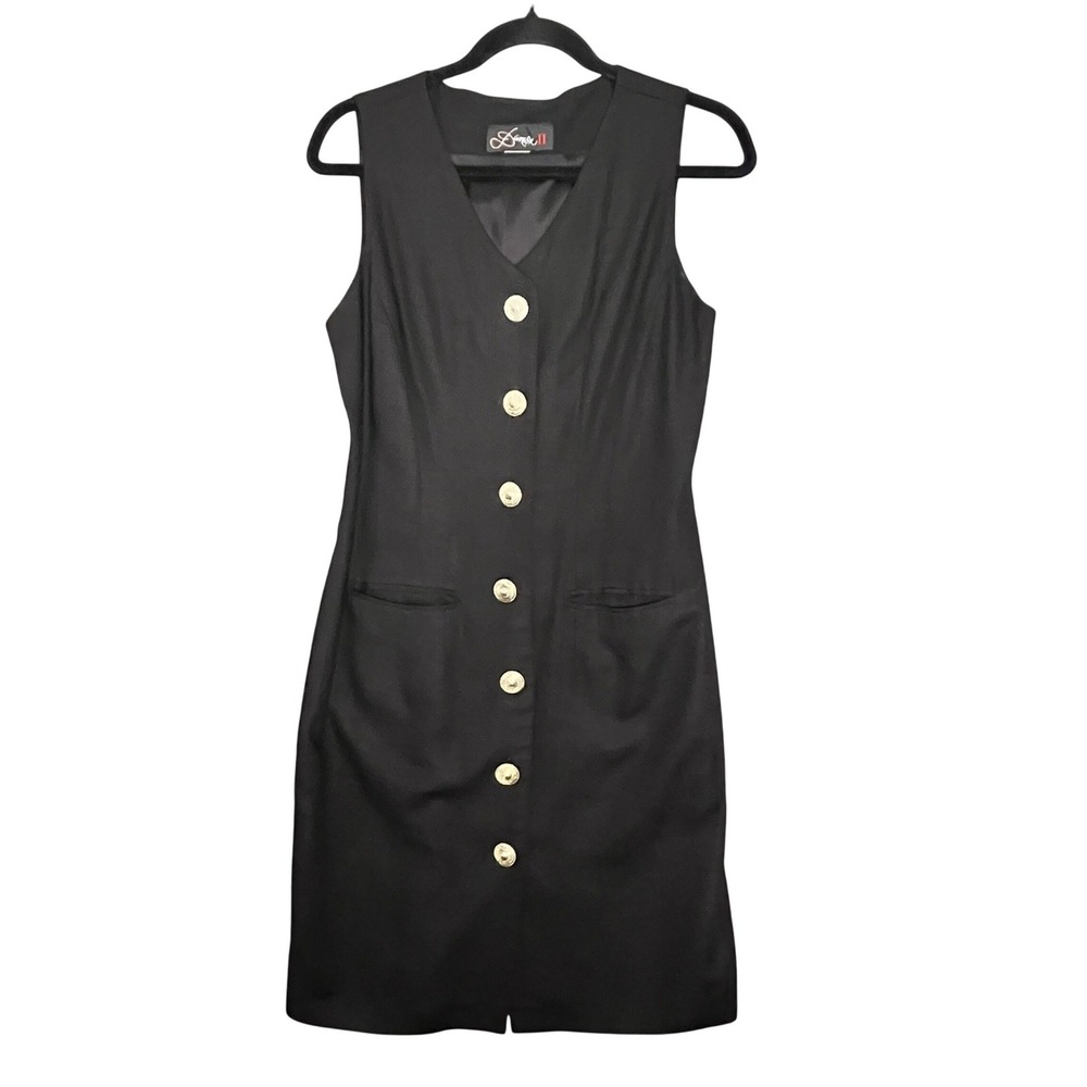 Vintage 90s Vest Dress Button Front Black Corporate Goth Classic M Dark Academia